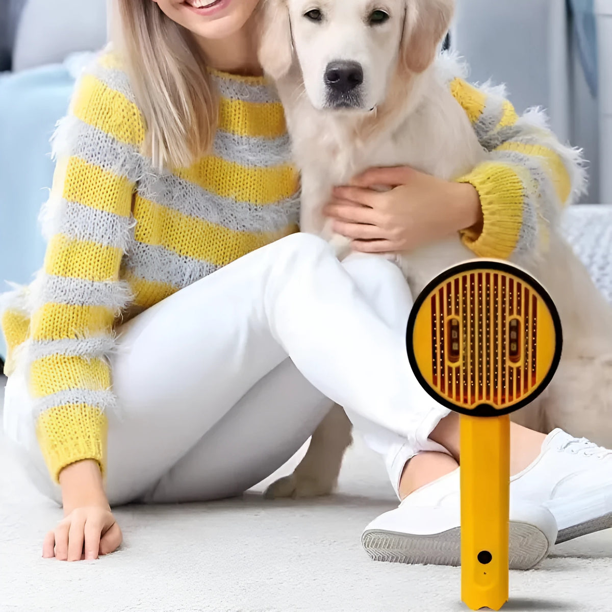 USB rechargeable UV pet comb for cats and dogs in pink, yellow or white ABS plastic.
