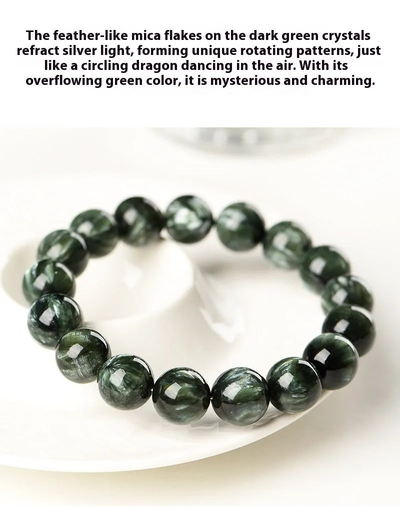 Green Dragon Crystal bracelet with 8-9mm round beads showing Ruyi design detail and geometric shape