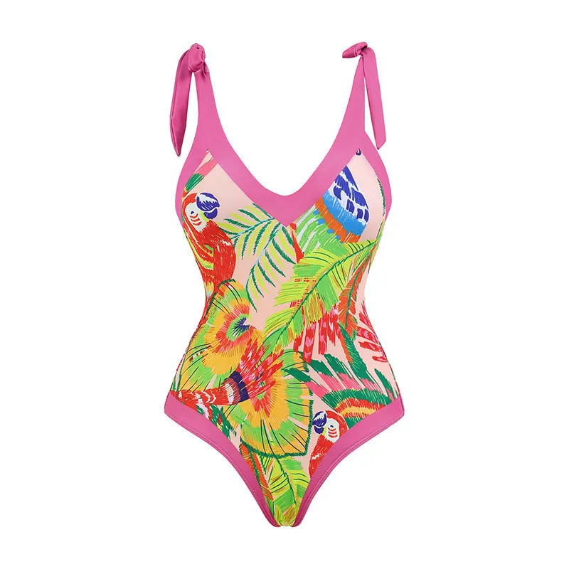 Pink floral print one-piece swimsuit with V-neck and attached skirt for women