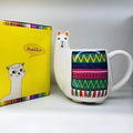 Colourful cartoon alpaca design on a white ceramic mug with a handle.