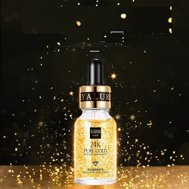 24K gold nicotinamide stock solution bottle in 15ml, 50ml or 100ml, lightweight anti-ageing gel essence for fine lines and dull skin