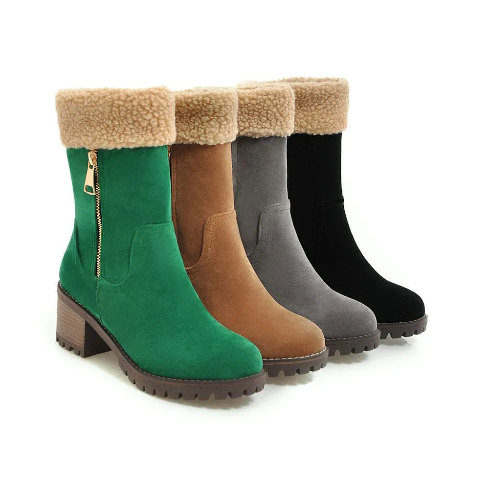 Men's snow boots with thick rubber sole and plush lining in black, grey, green, or orange