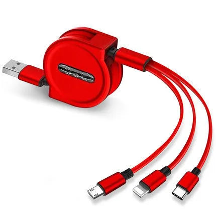 3-in-1 telescopic charging cable with TPE-coated 120cm wire and titanium alloy connectors in multiple colour options