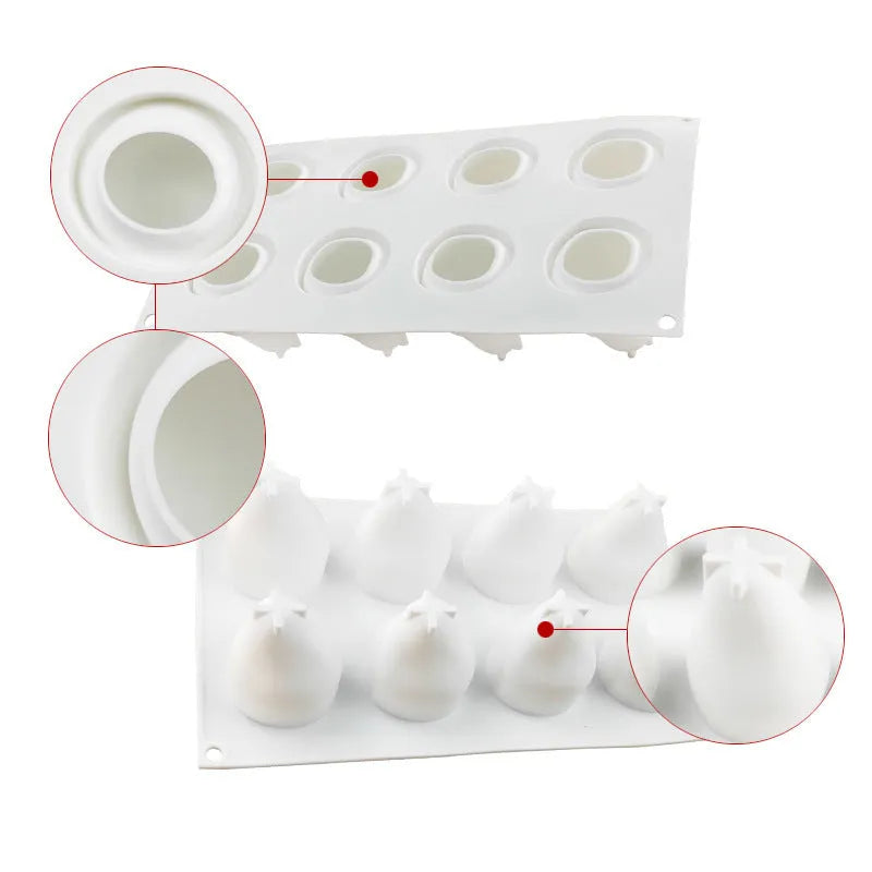 Silicone baking mould with six fruit-shaped cavities including pineapple and pine cone designs for Italian mousse
