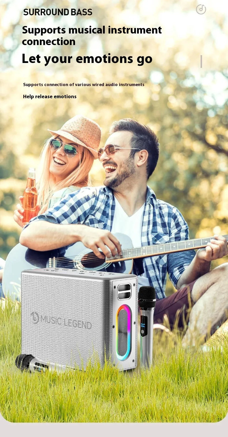100W outdoor karaoke Bluetooth audio system with microphone, sound card, and lithium battery in black or silver