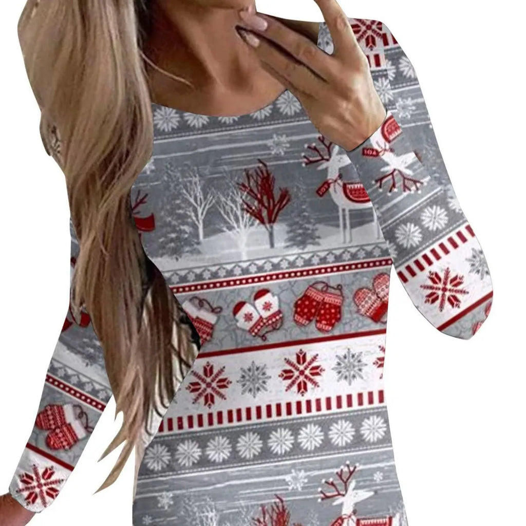Christmas printed narrow dress with animal patterns, mid waist, and hip skirt silhouette in floral colour