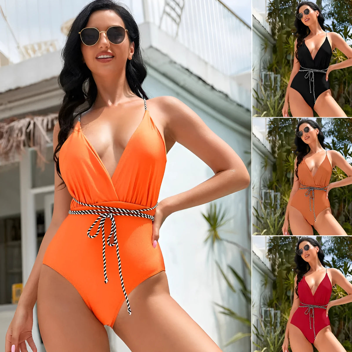 One-piece swimsuit in solid colour, high-elastic nylon, available in six colours and sizes S to XL.