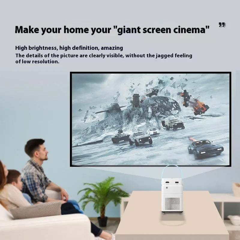 Smart HD home projector with remote control showing 1280x800 resolution and Android system display
