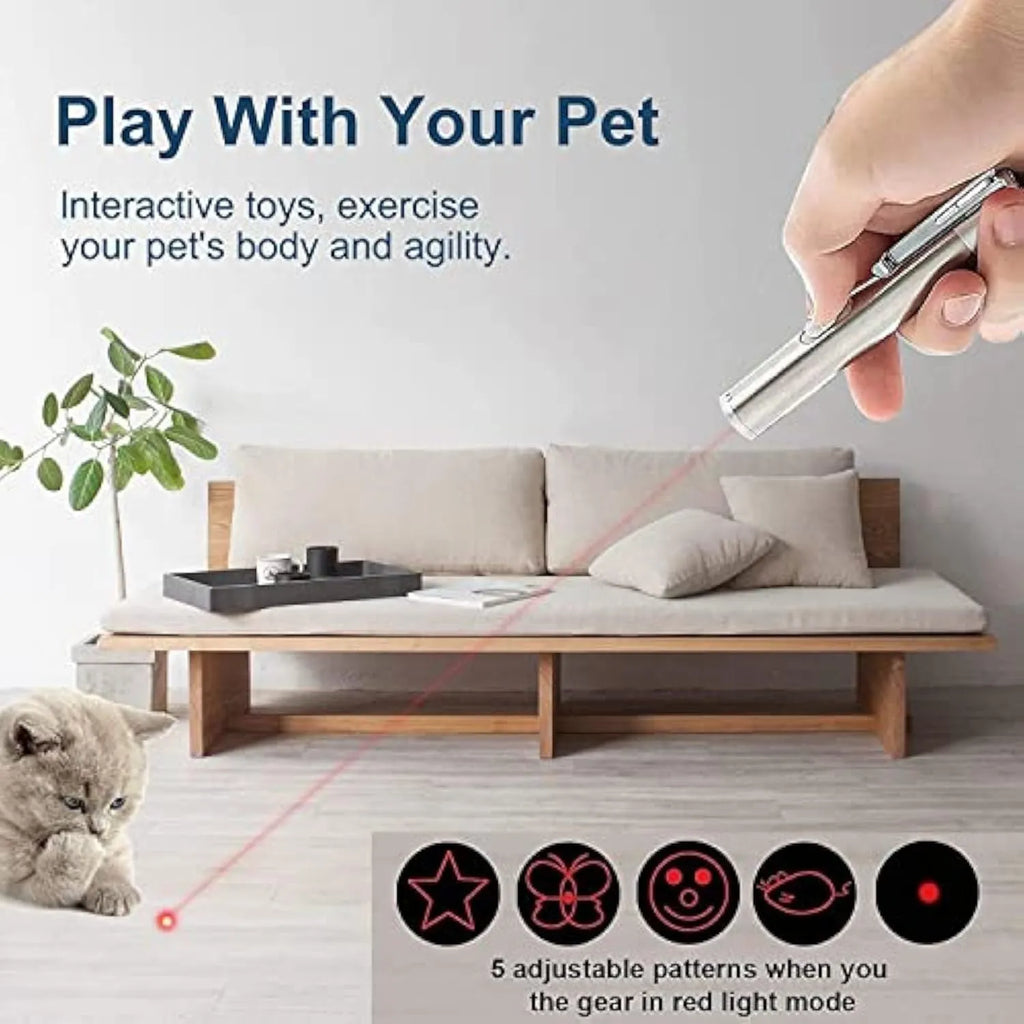 Silver aluminium alloy cat toy pointer with light patterns for indoor play, 19cm long