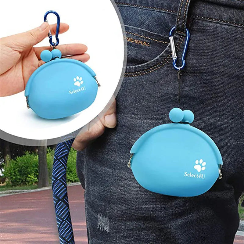 Yellow silicone dog treat bag with hook-and-loop waist attachment, measuring 9 by 9.5 cm