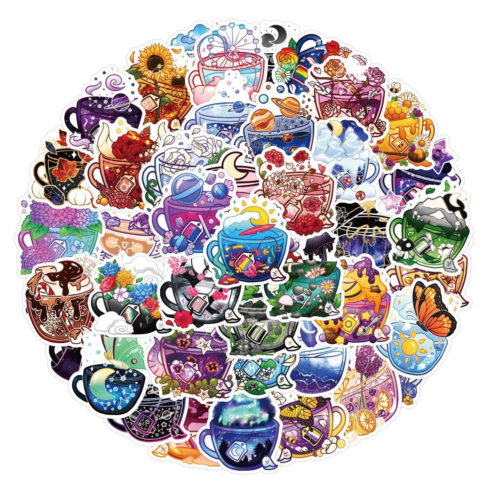 Pack of 50 colourful tea cup graffiti stickers in Nordic style for DIY luggage and scooter decoration
