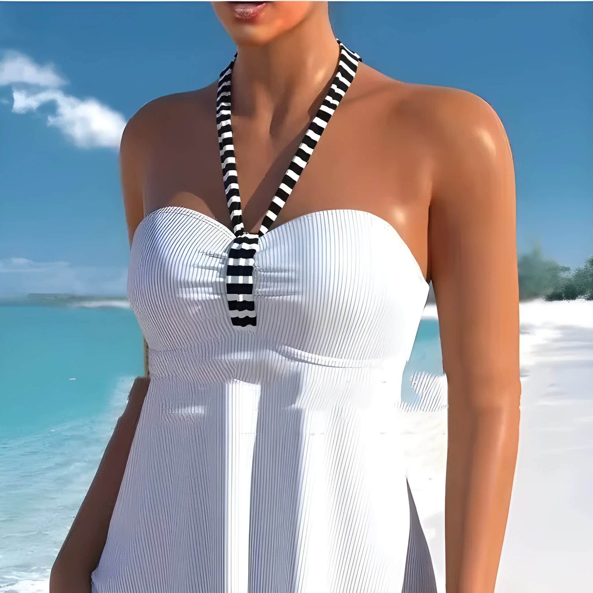 Women's black and white striped off-shoulder swimsuit on a mannequin.