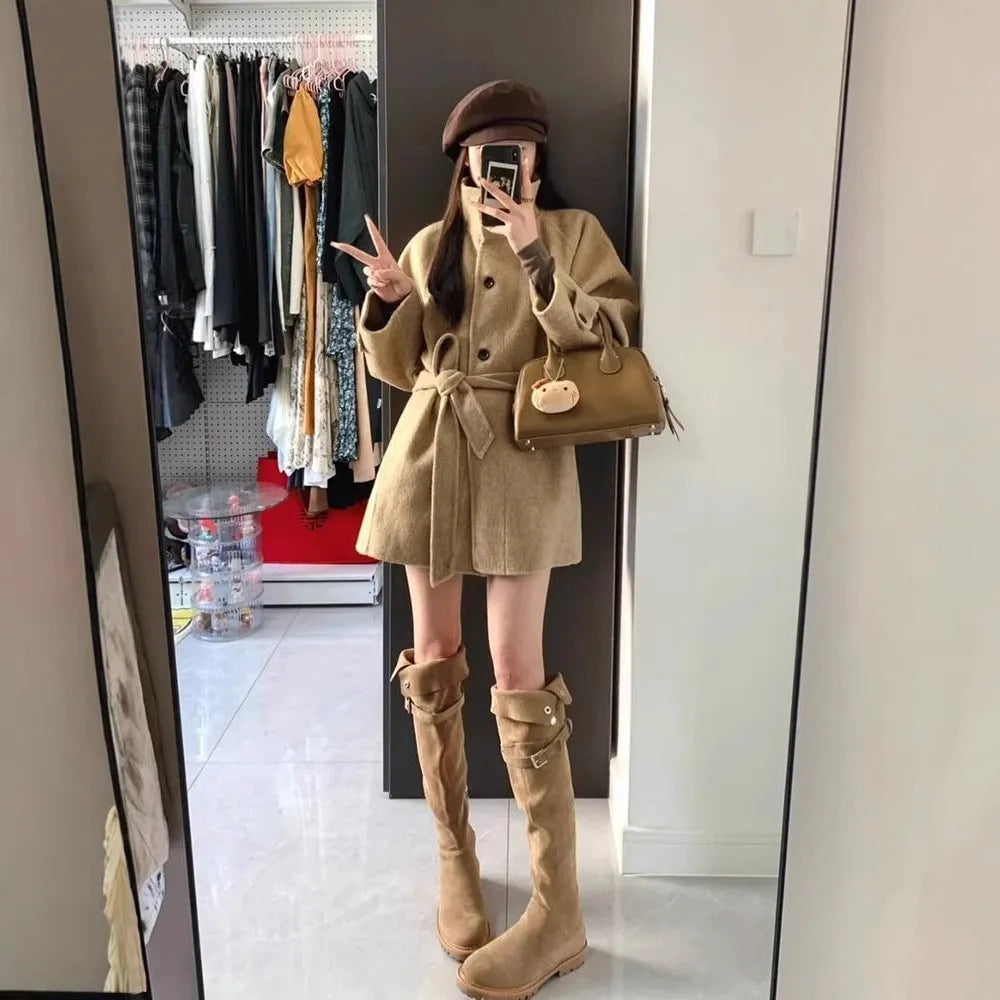 Short woolen coat women Korean casual button front khaki black S to 2XL 50cm length