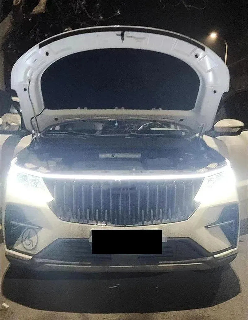 Flexible silicone LED daytime running light strip for cars, showing start scan effect and available in three lengths.