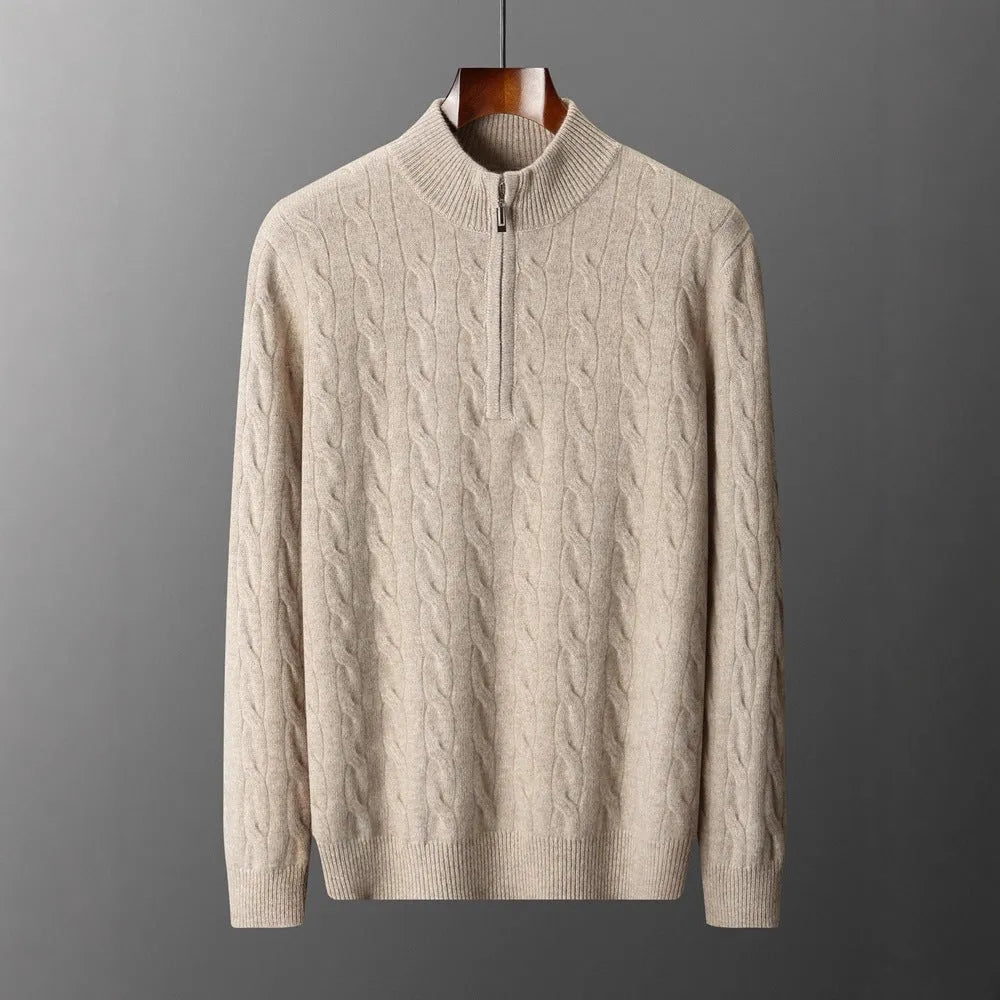 Jacquard double-strand thickened long-sleeved sweater in light camel, loose fit, sizes S-XXXL, wool content