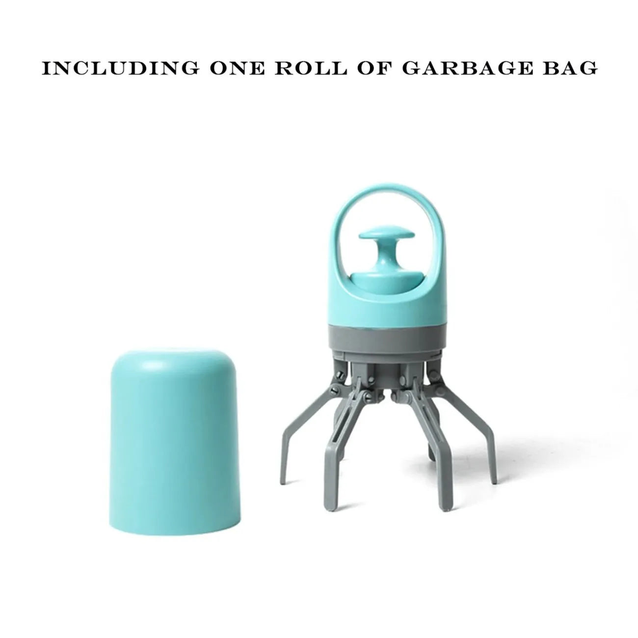 Blue and orange portable pet waste scooper with claw mechanism and built-in bag dispenser