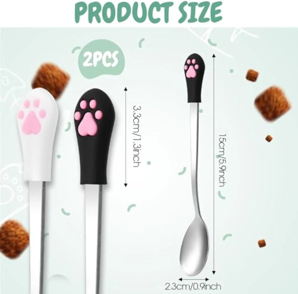 White and black stainless steel pet food spoons with cat paw print and silicone handle