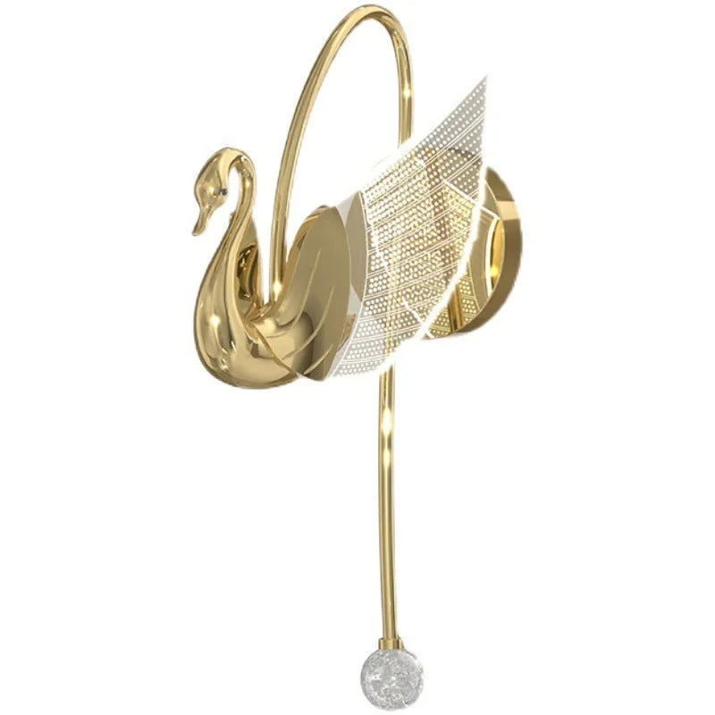 Gold swan-shaped wall lamp with acrylic shade and iron body, mounted beside bed with adjustable LED lighting