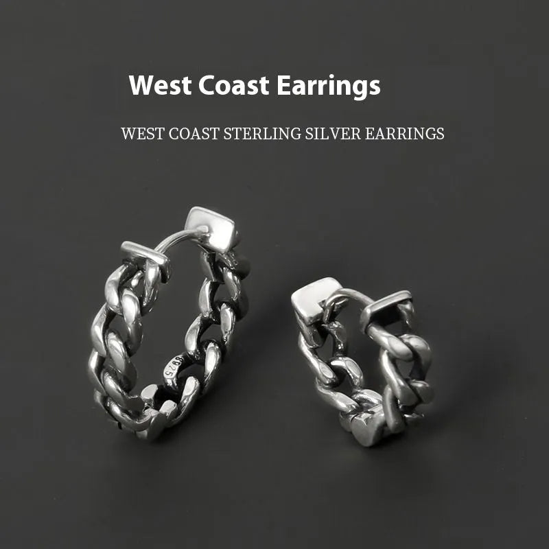Men's simple geometric copper earrings in silver and auspicious cloud designs, shown in 10mm and 14mm sizes.