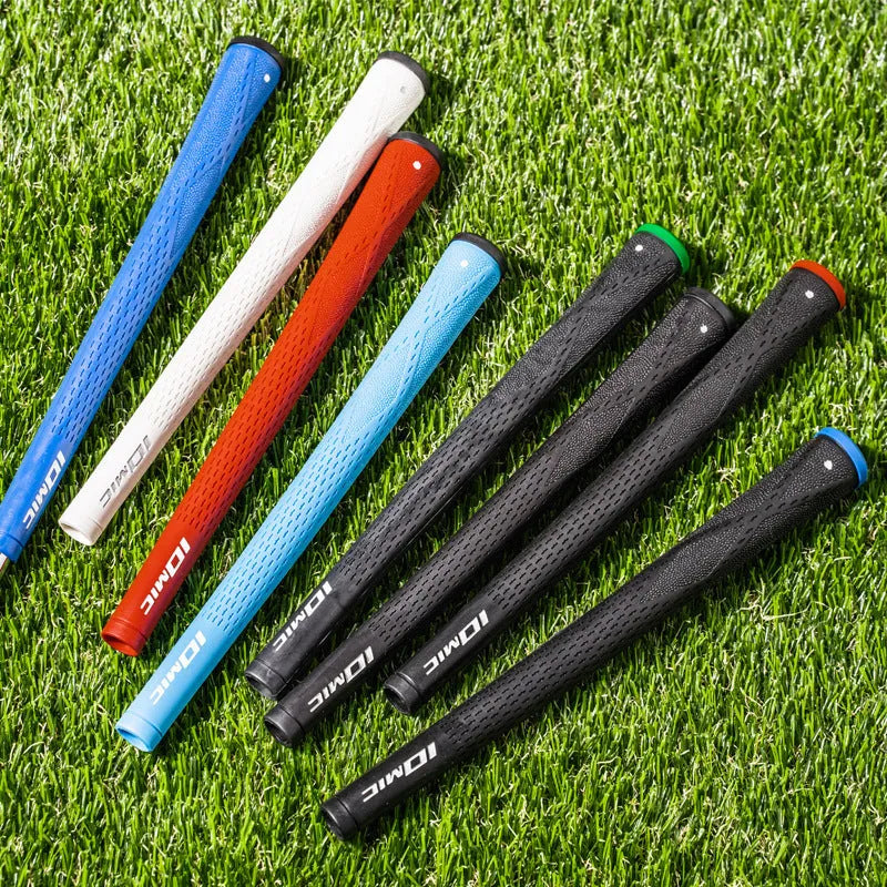 TPE golf club grip showing non-slip texture, available in multiple colours including pink, red, blue, white, and black combinations