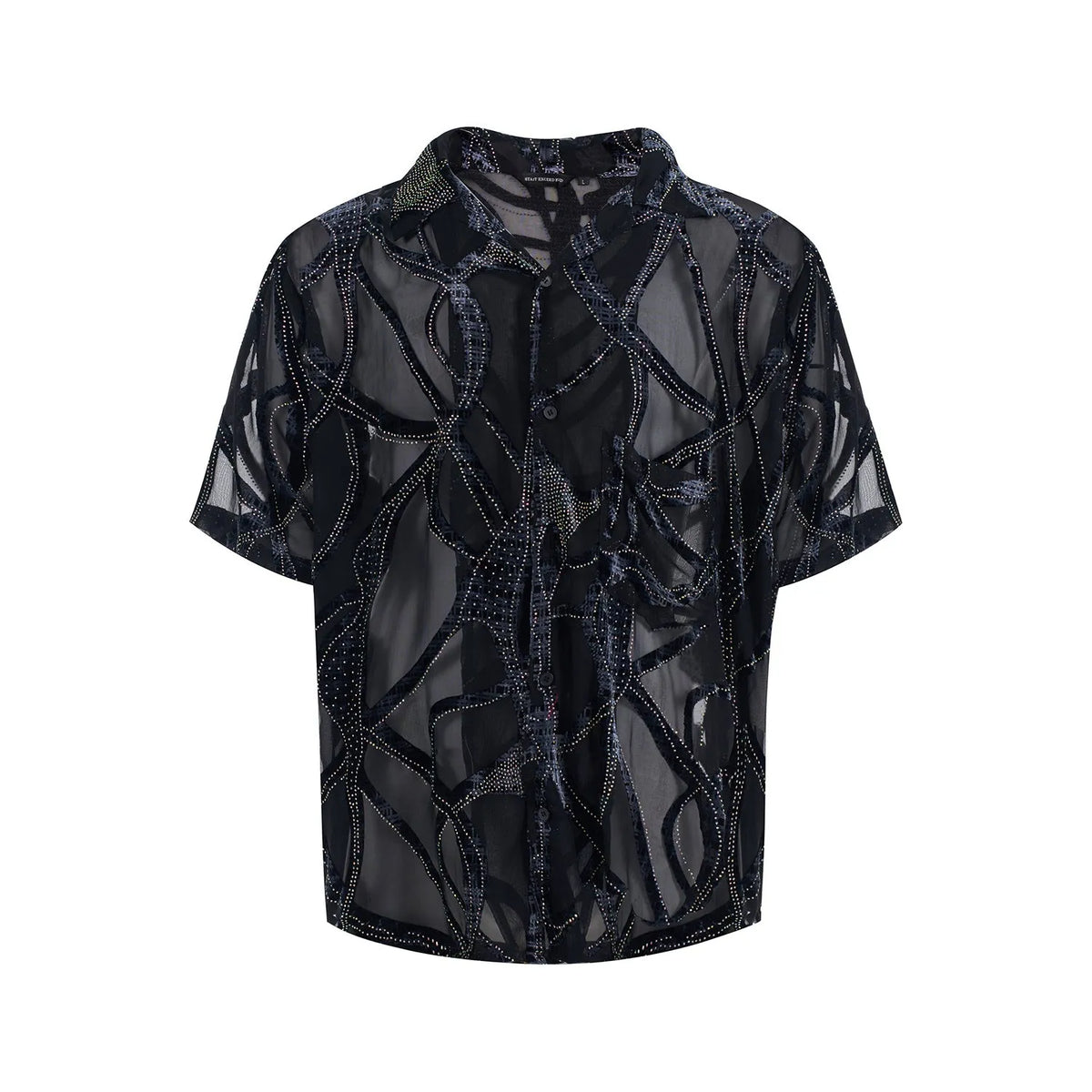 Man wearing a black translucent short-sleeved shirt with a snake pattern, featuring a lapel collar and loose fit.
