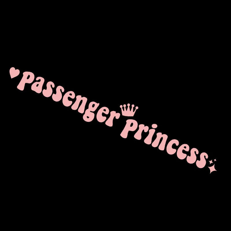 Passenger Princess text car sticker for rearview mirror in black, white, pink, or laser colour.