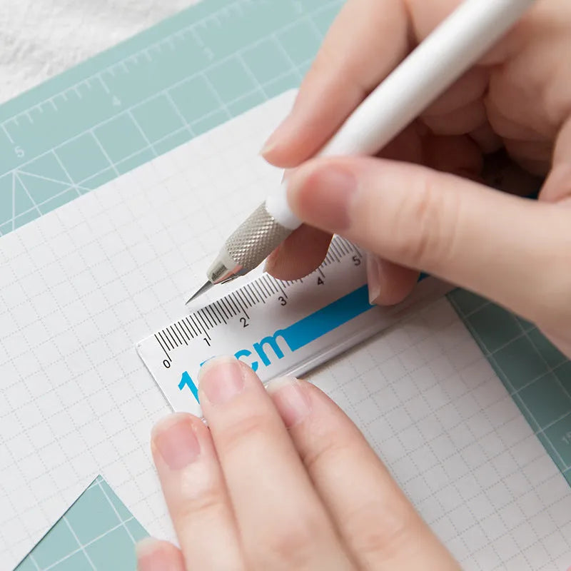 Art pen knife cutting board set with ruler and pen sharpener in choice of colours