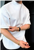 Men's white t-shirt with buttoned round hem, 100% cotton fabric, relaxed fit