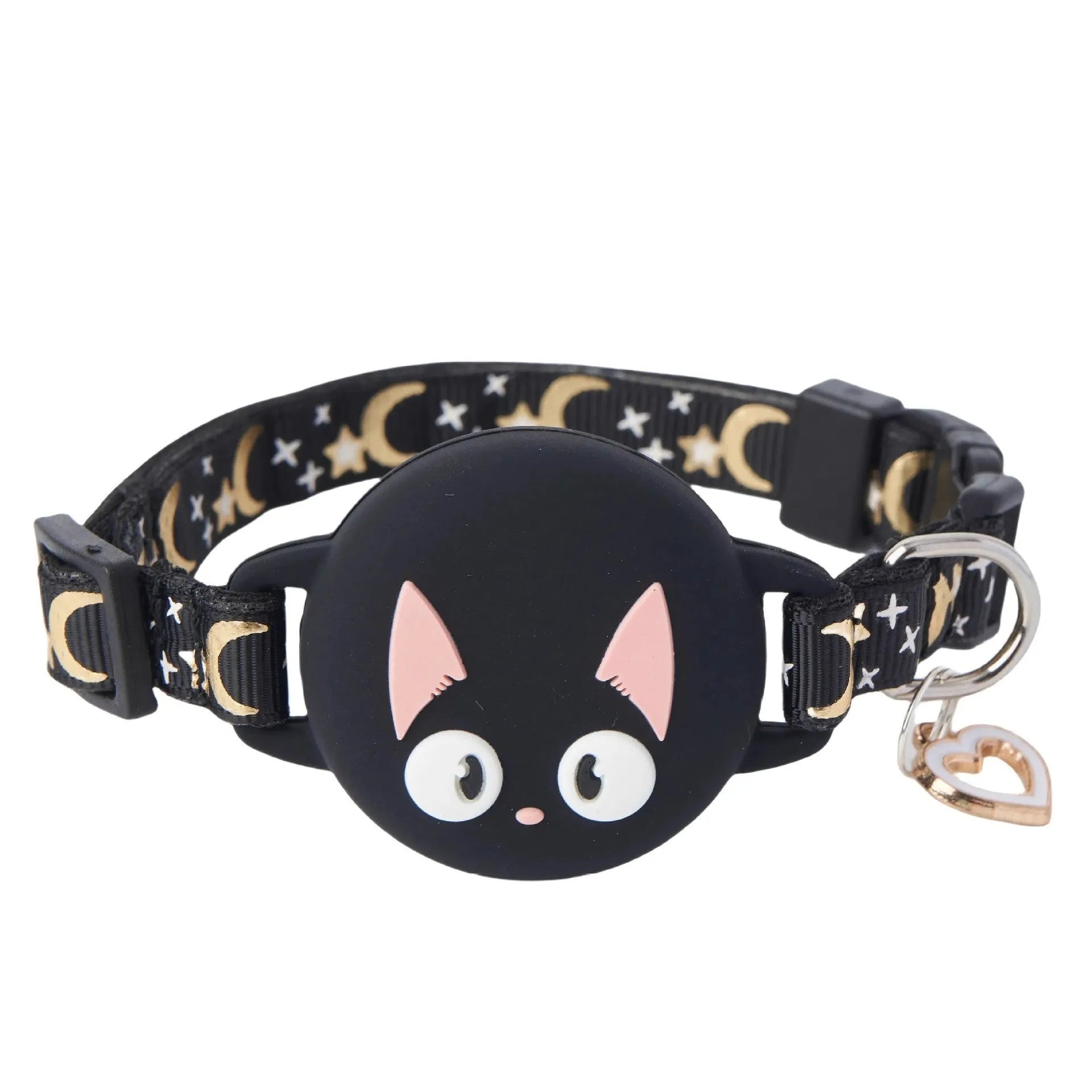 Adjustable AirTag cat collar with plastic protective case in black, blue, light green, and pink colours