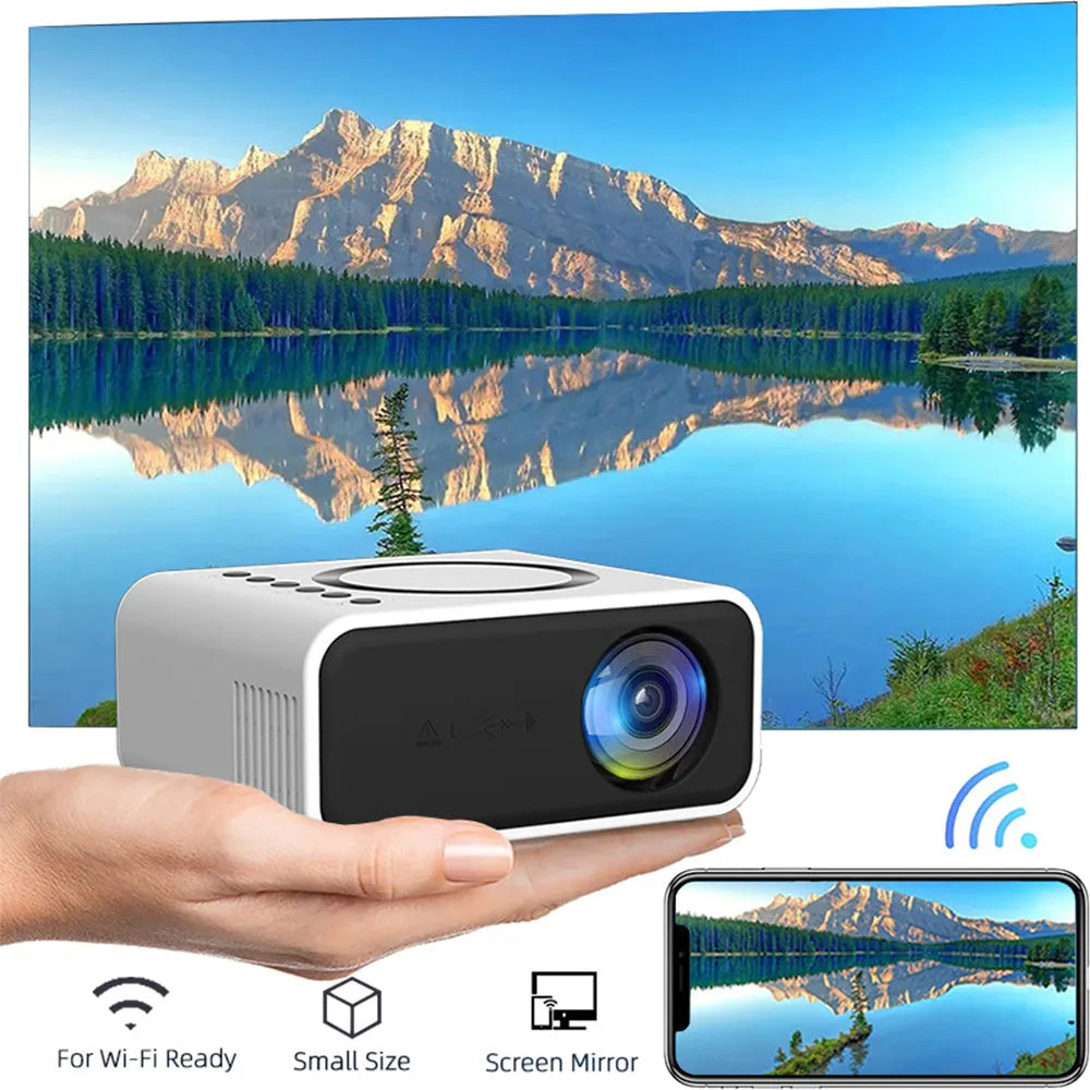 Black YT300 portable mini projector on a table, projecting a movie scene onto a wall.