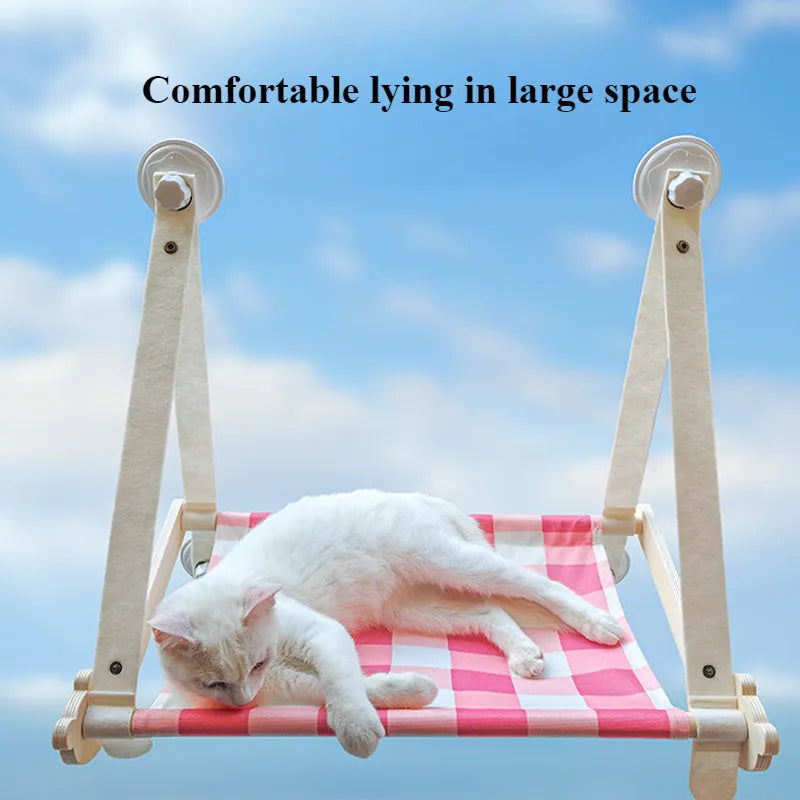 Wooden cat window hammock bed with suction cups mounted on glass, linen mat in green colour