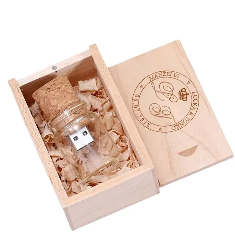 Transparent wooden bottle USB flash drive measuring 60mm by 28mm with capacity options up to 64GB