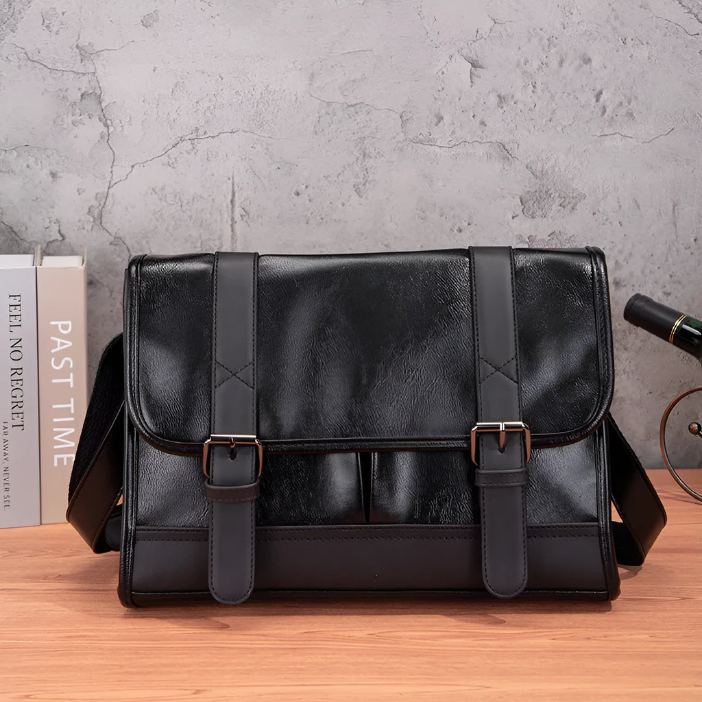 Black Korean-style men's anti-theft backpack made from PU material.