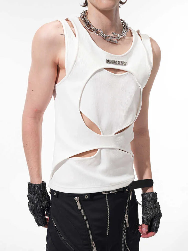 Men's sleeveless waistcoat in black or white with round neck and hollow thread design