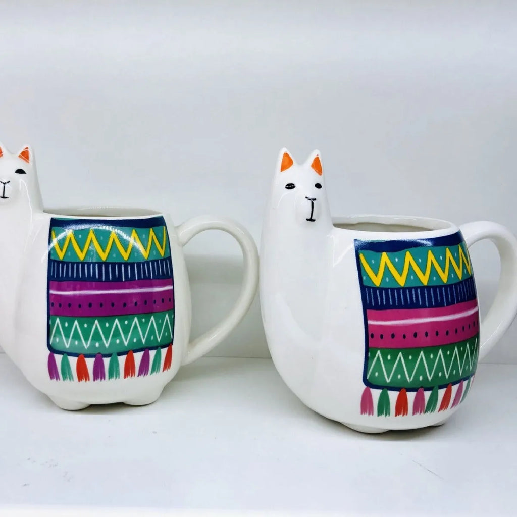 Colourful cartoon alpaca design on a white ceramic mug with a handle.