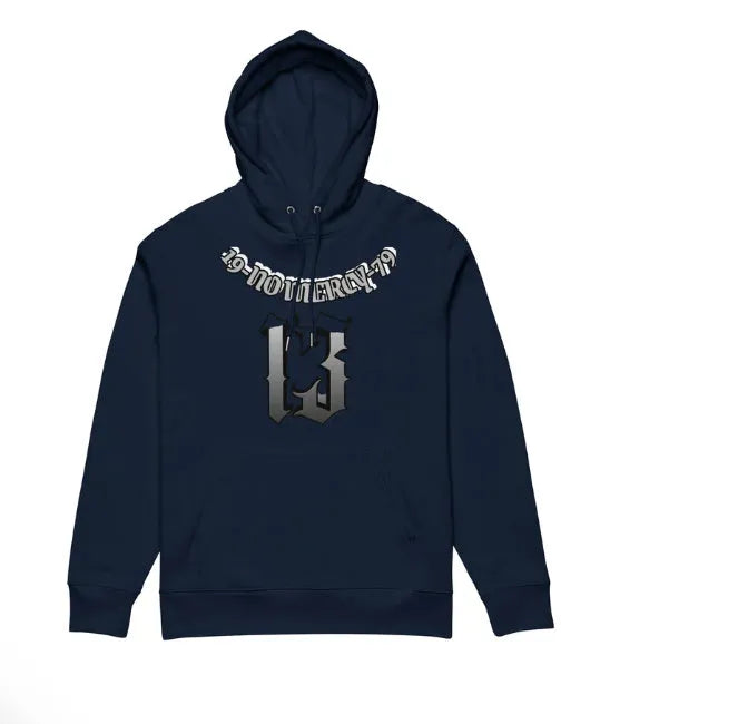 Beige loose-fit hooded pullover sweater with fleece lining on a hanger, showing front design.