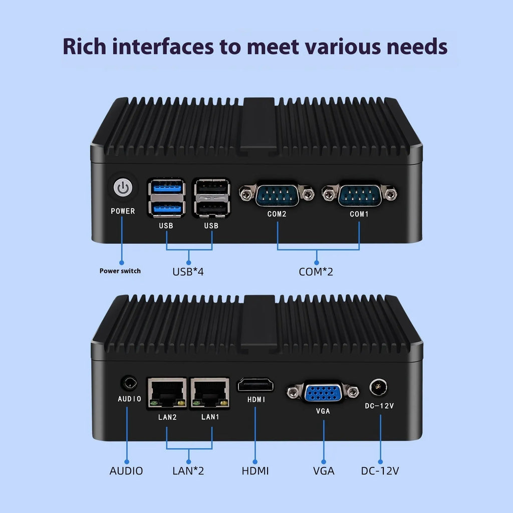 Industrial fanless mini-host measuring 13.6x12.7x4cm with dual-network ports and compact metal chassis