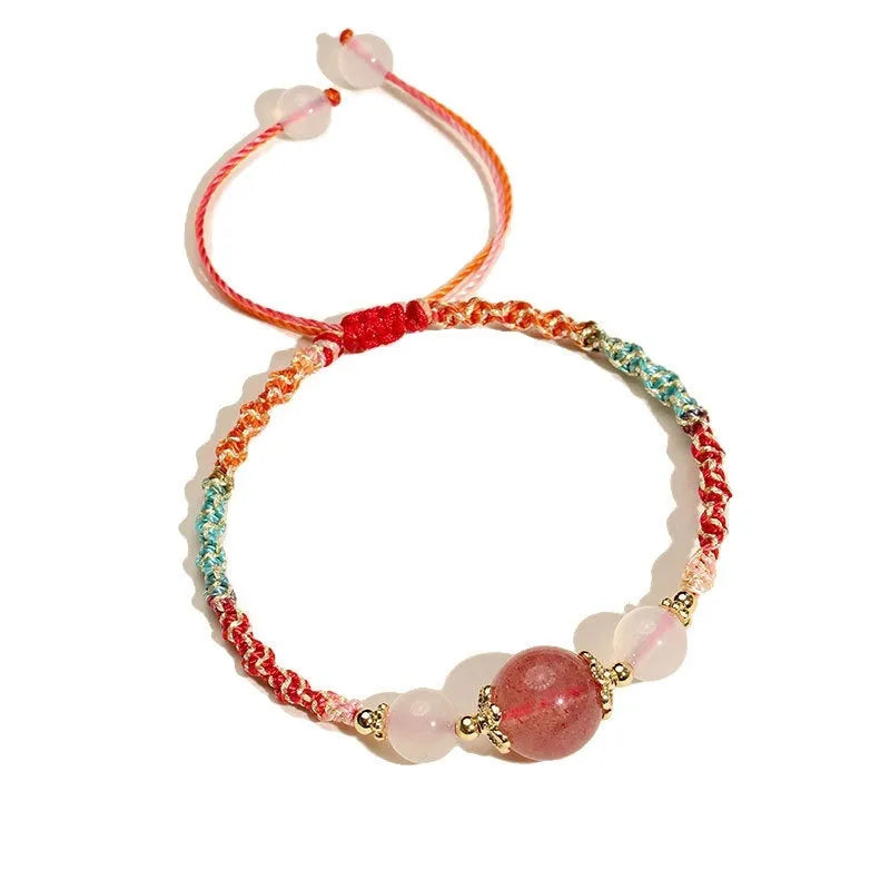 Hand-woven women's bracelet with white agate and a choice of strawberry quartz, pink crystal, or prehnite centre bead.