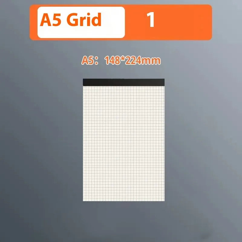 Tearable writing pads in A5, B5, A4 sizes with 80 sheets, available in blank, grid, and horizontal line rulings