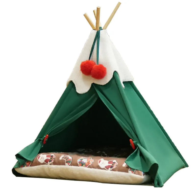 Semi-closed thickened cloth cat house with brown mat, winter warm pet bed for indoor cats