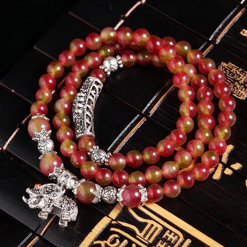 Handcrafted watermelon crystal bracelet with Chinese knot in 6mm or 8mm bead sizes