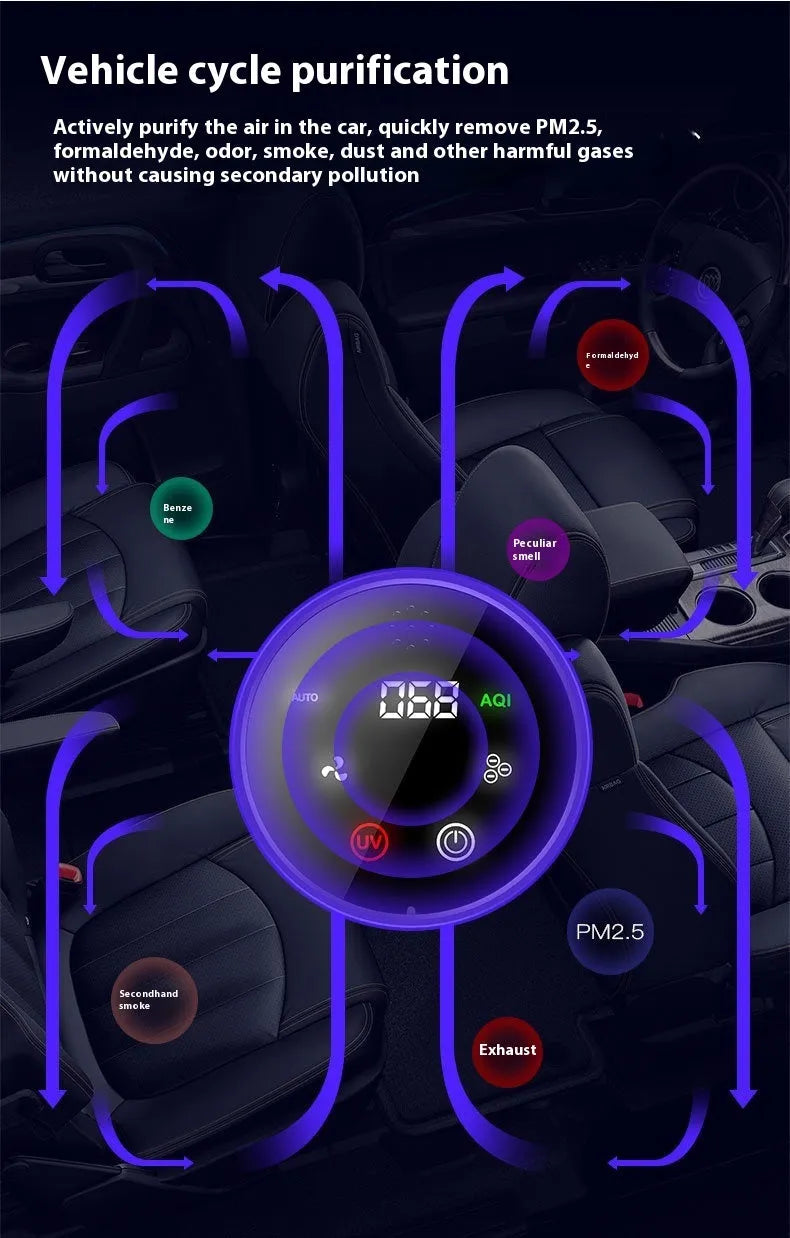 Black smart car air purifier for formaldehyde removal and ion generation, with USB cable.