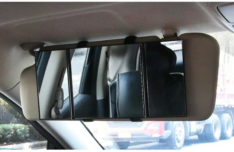 Silver car folding makeup mirror showing 15.5*14cm closed size and 30.5*14cm open dimensions