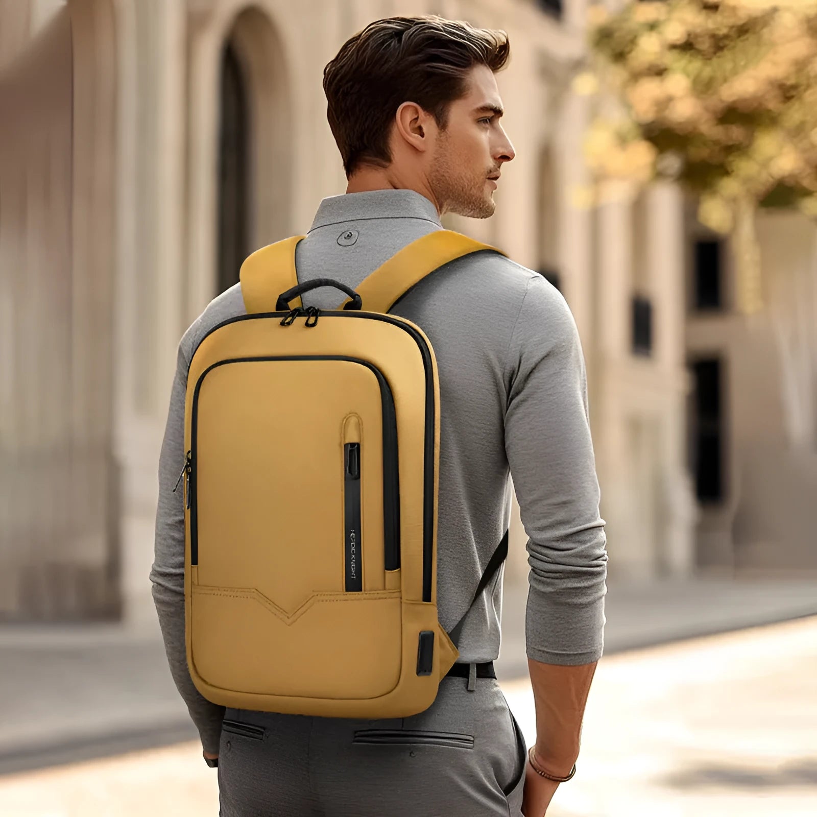 Lightweight small polyester commuter backpack with USB port, shown in a solid colour.