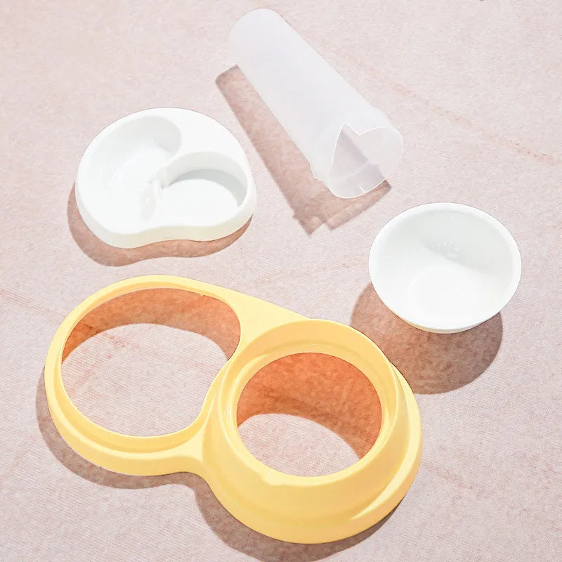 Grey and yellow pet dual feeding bowl with ceramic food dish, stainless steel water bowl, and neck protection collar