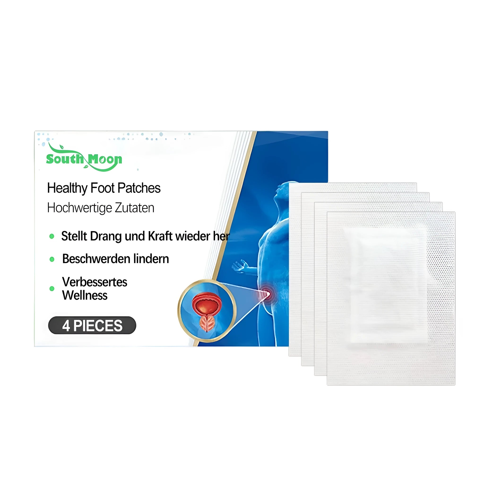 Four natural foot care patches containing ginger, mugwort and lavender oil on white background.
