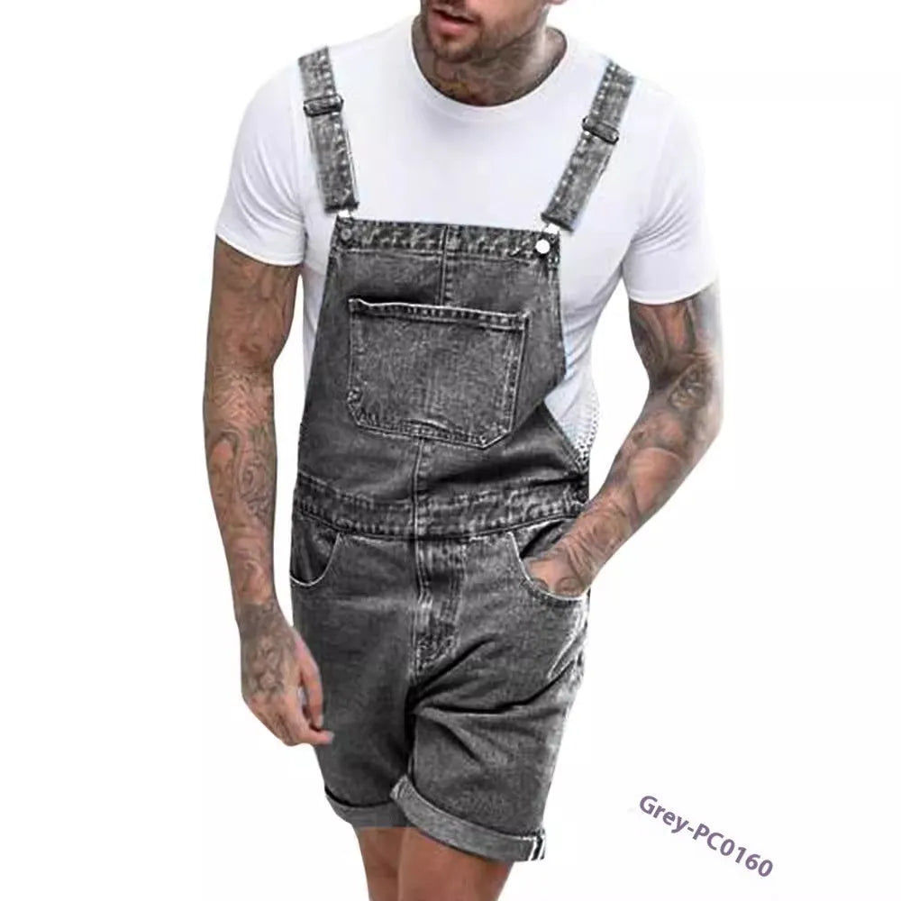 Youth denim suspender pants in black with elastic waist and suspender straps, shorts length with zipper fly