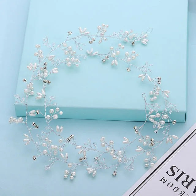 Bride's long hair band with crystal pearls in silver, gold, or rose gold, showing colour-preserving copper wire and length options