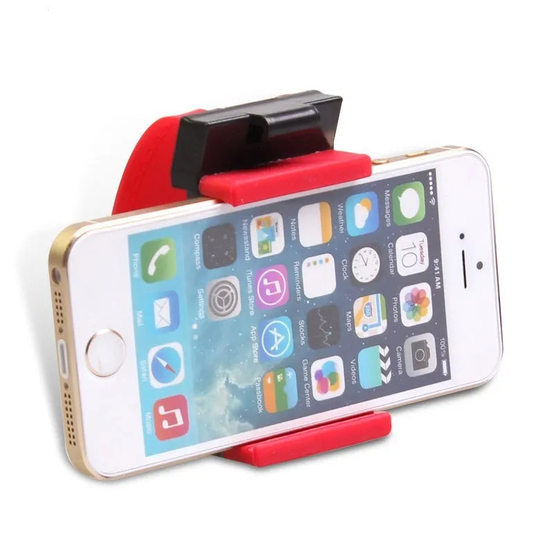 Black steering wheel phone holder mounted showing phone compatibility with dimensions 75x40x25mm