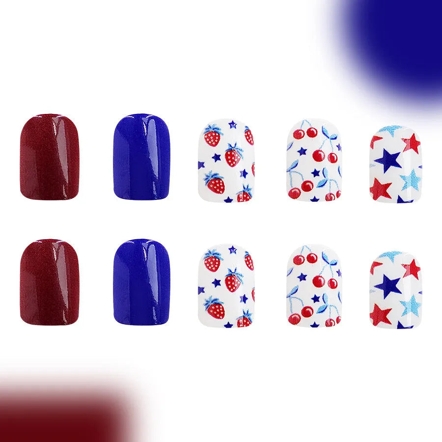 Short glossy nail stickers with strawberry and cherry patterns for Independence Day, 24-piece set